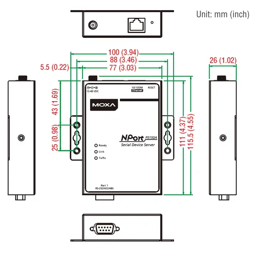 NPort P5150A 1-портовый сервер RS-232/422/485 в Ethernet с возможностью питания через Ethernet (PoE, стандарт IEEE 802.3af) MOXA